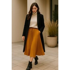 Pleated Midi Skirt Women M Elastic Waist Minimalist Fall Outfit Boho Style Golde